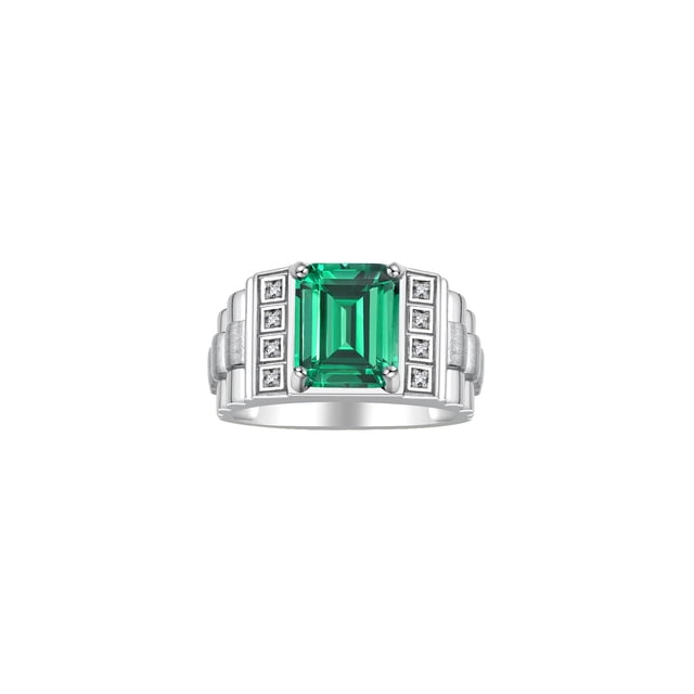 RYLOS Men's Rings 14K White Gold Designer Style 10X8MM Emerald Cut Shape Gemstone & Diamonds Emerald May Birthstone Rings For Men Size 13