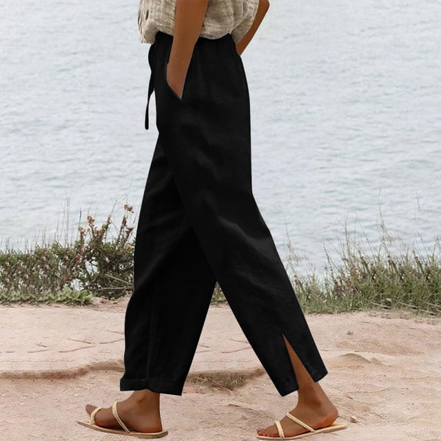 Women Casual Cotton Linen Drawstring Elastic Waist Long Wide Leg Pants