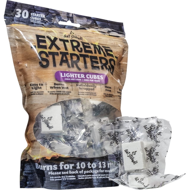 Get Stoked! Extreme Starters lighter cubes pack with 30 individually wrapped fire starter cubes that burn for 10 to 13 minutes, designed for easy lighting, mess-free use, and reliable ignition in any weather, shown in a resealable wood grain bag with two cubes outside.