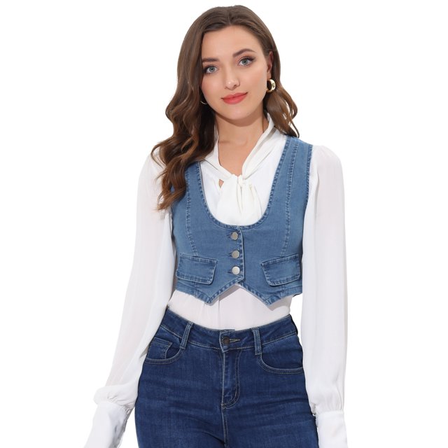 INSPIRE CHIC Women's Denim Button Up Vintage Sleeveless Jean Crop Racerback Vest Light Blue XL