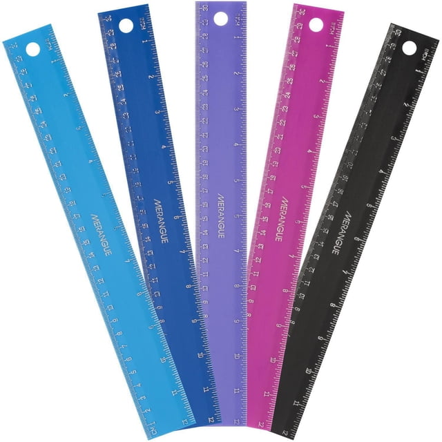 Merangue Plastic Flexible Ruler 12"/30cm, Assorted, 12 Pack showing five flexible plastic rulers in assorted colours including light blue, dark blue, purple, pink, and black, each with imperial and metric measurements and a pre-cut hole for hanging, ideal for school and office measuring tasks.