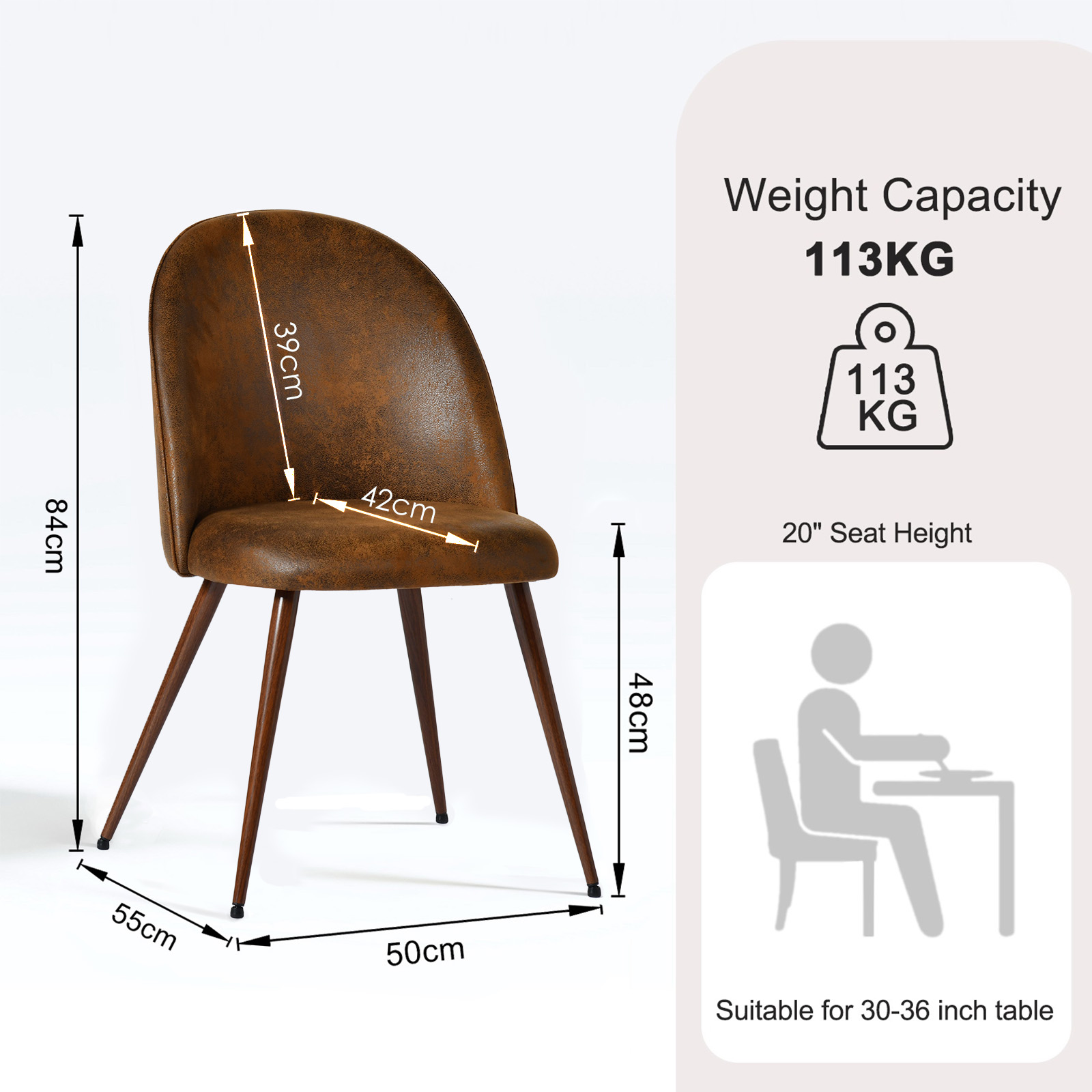 Lot de 2 chaises de salle à manger Homy Casa sans accoudoirs avec dossier incurvé et rembourré, simili-suède marron
