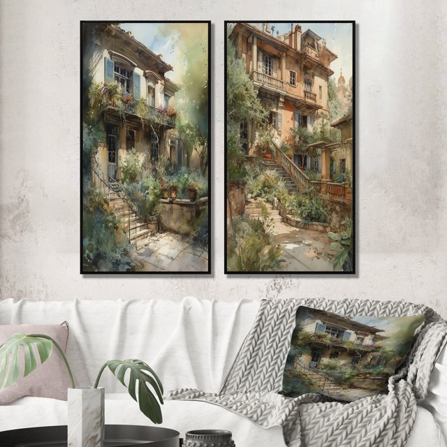 Designart "Country Cottage Entry Rustic Charm IV" Farm Framed Wall Art Set Of 2 - Country White Framed Canvas Set For Living Room Decor