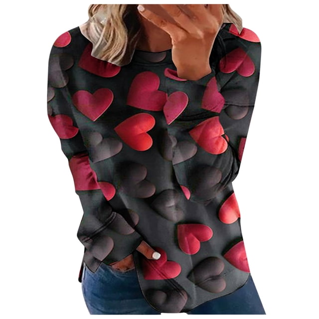 Qertyioot Chemise Cœur d'Amour Saint-Valentin Grande Taille Pull, Manches Longues Graphiques pour Femmes Col Rond Oversize