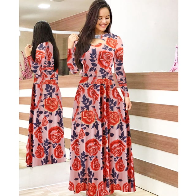 REDHOTYPE Grande Taille Femmes Manches Longues Poitrine Découpe Conception Longue Robe Florale Imprimé O Cou Taille Haute Stretch Boho Mode Élégante Longue Robe