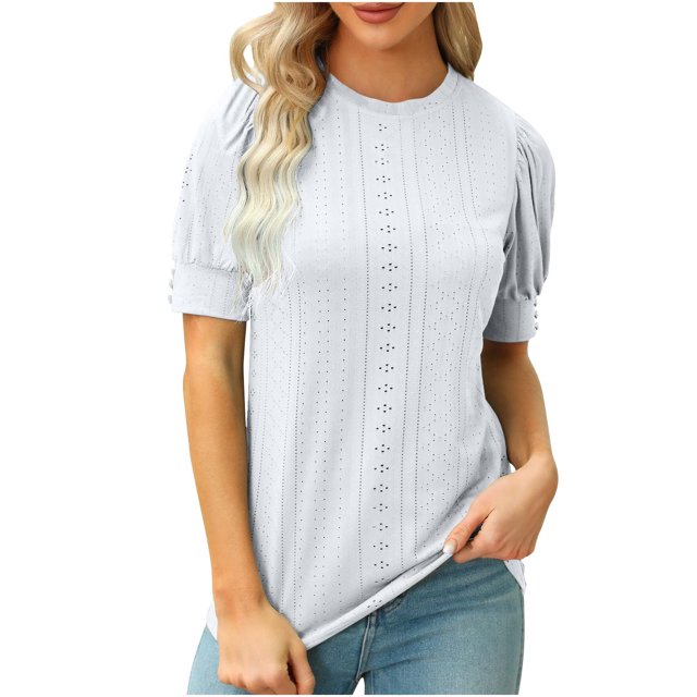 Timegard Hauts pour Femmes, Oeillets, Col Rond, Manches Courtes Bouffantes, Boutonné, Confortable, Couleur Unie, Tunique Décontractée