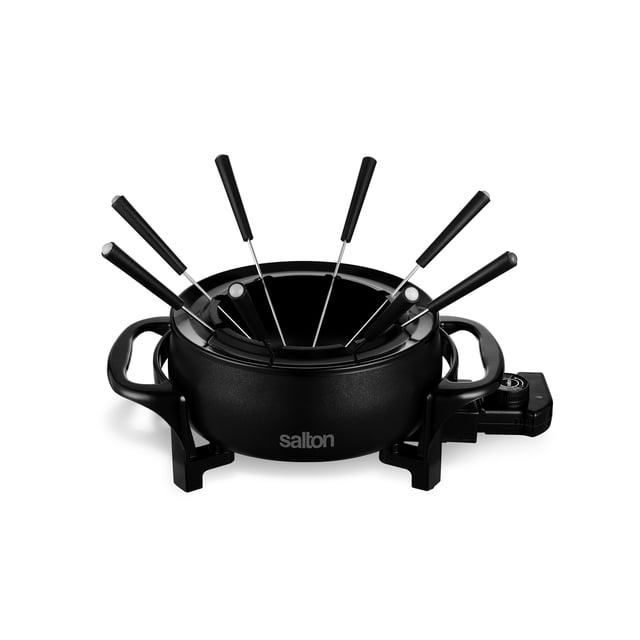 Salton Fondue Set 2.8L/3Qt with a black non-stick bowl, eight black-handled color-coded forks on a support ring, cool-touch side handles, and an adjustable temperature dial for precise heat control, suitable for cheese, chocolate, broth, or oil fondues.
