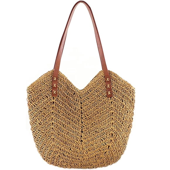 Women's Hollow Woven Beach Bag, Bohemian Handwoven Shoulder Bags, Basket Bag, Straw Bag, Raffia Bag, Summer Straw Handbag with Zip and Leather Handles for Travel Shopping