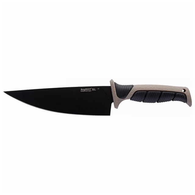 BergHOFF Couteau de Chef Everslice de 14 Pouces avec Lame en Acier Inoxydable Noir à Haute Teneur en Carbone, Tranchante, Dotée de Titane et d'Un Revêtement Antiadhésif, Poignée à Prise Souple beige et Noire avec Protège-Doigts et Protège-Main pour la Sécurité, Montré sur un Profil Latéral sur Fond Blanc, Idéal pour l'Extérieur et la Cuisine.