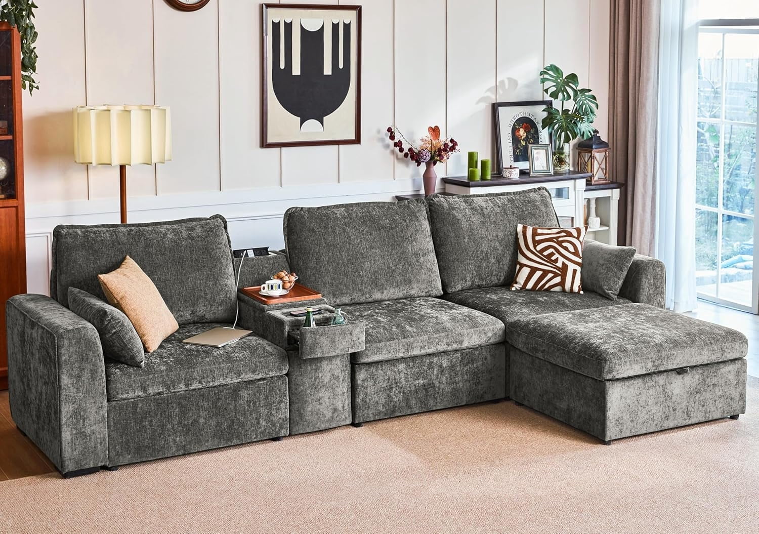 BEDEEP Canapé Sectionnel Modulaire de 138,6 Po avec Console et Station de Recharge, Canapé Nuage en Chenille en Forme de L avec Pouf de Rangement, Canapé Profond Convertible 4 Places avec Méridienne pour Salon, Gris
