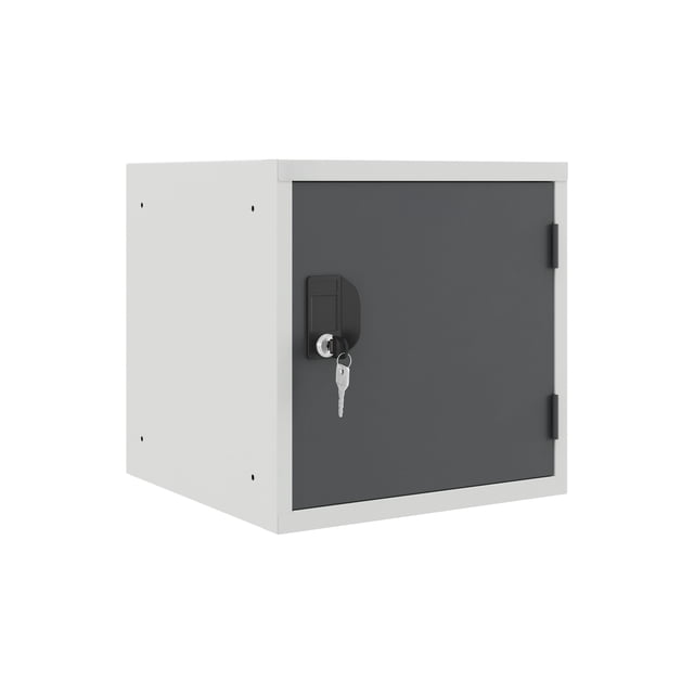 15-inch cube locker in a gray finish, featuring a durable powder-coated carcass and a dark gray door with a secure cylinder lock and two keys. The modular design includes pre-drilled holes for easy expansion, suitable for garage or office storage.