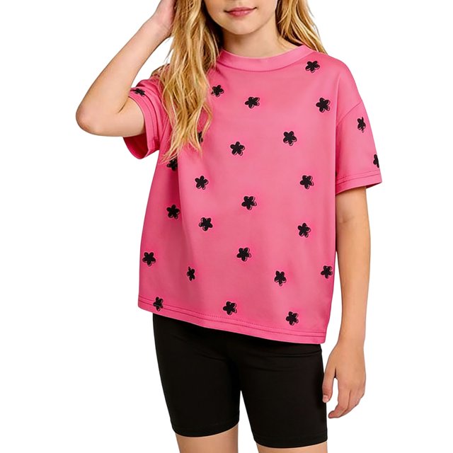 Ensemble d'Été pour Filles, Haut à Manches Courtes à Imprimé Floral + Short Uni, Tenue 2 Pcs Style Décontracté et Doux
