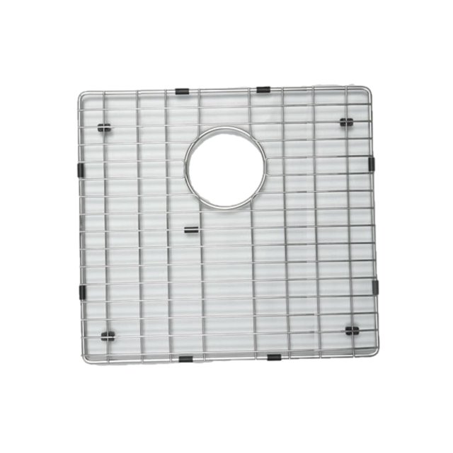 American Imaginations 19-in. W Kitchen Sink Grid AI-34663, a rectangular stainless steel sink grid with chrome finish and black protective bumpers, designed for drop-in installation with a central circular cutout, ideal for protecting kitchen sinks and organizing dishes.