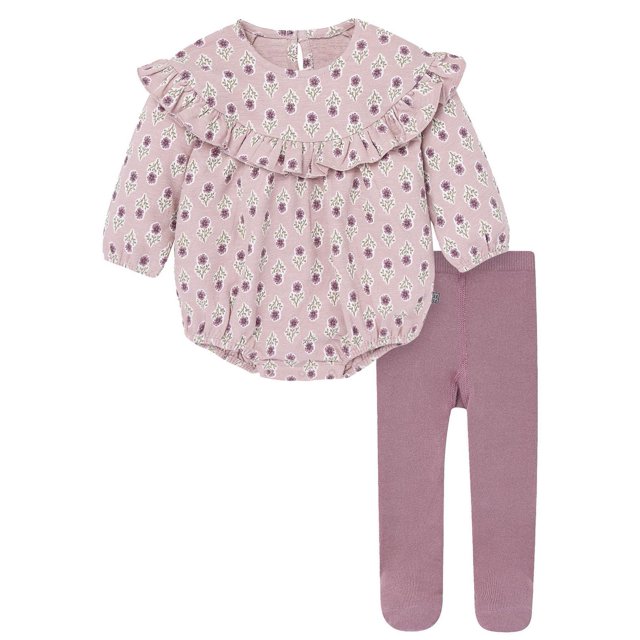 mauve baby bubble romper with purple floral print and matching solid mauve tights
