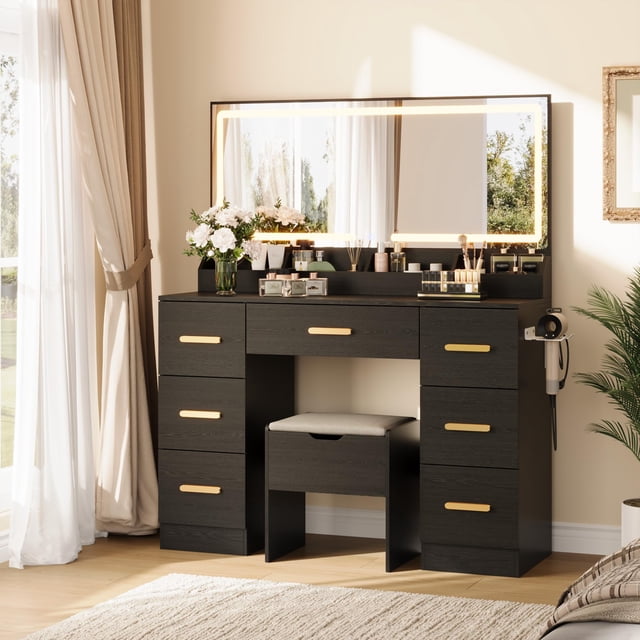 Yiwa 45.9" Makeup Vanity Desk with Adjustable Lighting Modes, Large Mirror, and 8 Storage Drawers
