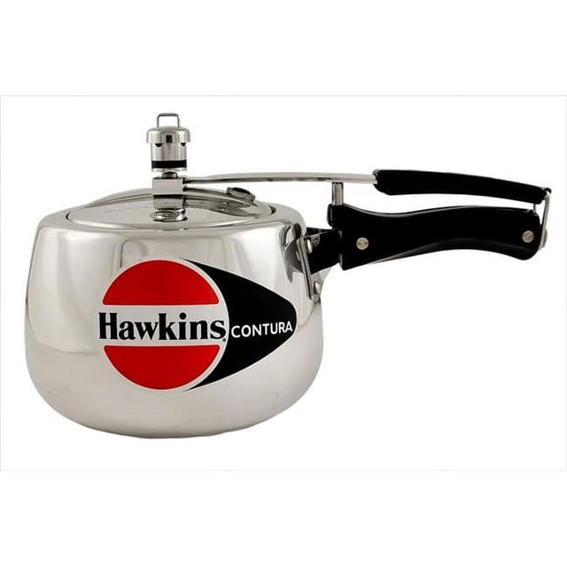 Hawkins Contura Pressure Cooker New Shape - 6.5 Litres with a unique rounded body for easier stirring and food removal. Features stay-cool handles, a flat base diameter of 150 mm, and a base thickness of 3.25 mm. Suitable for gas stoves and ideal for pressure cooking for 7-9 persons. Multicolour kitchen appliance with lid included.