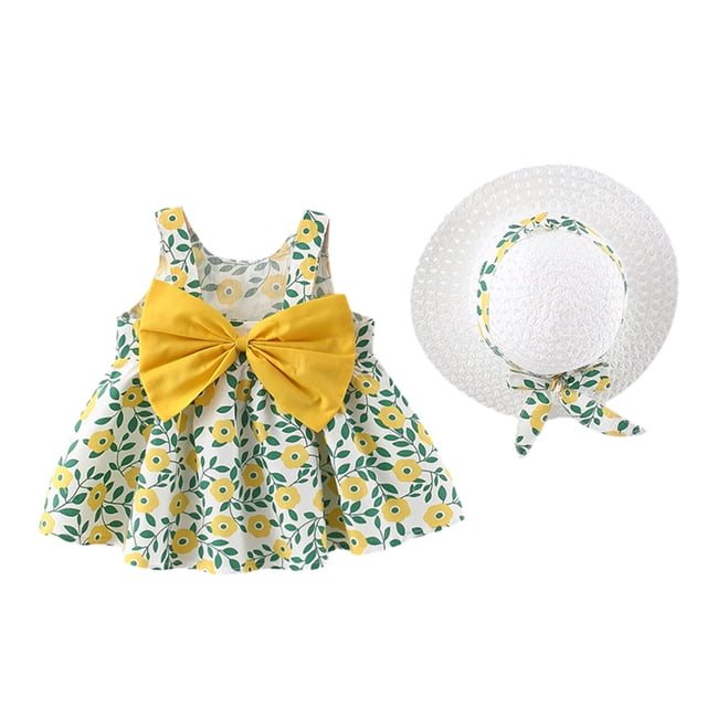 Ensemble Robe d'Été pour Filles 0-3 Ans Imprimé Fraise Sans Manches Débardeur et Chapeau
