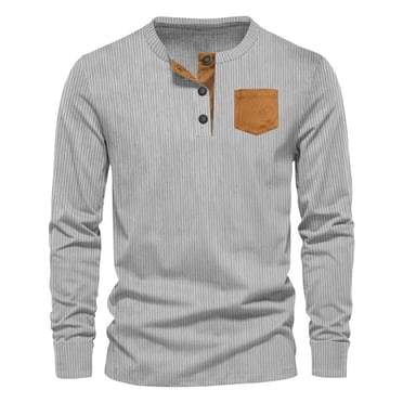 Jalioing Chemises en Velours Côtelé pour Hommes Vintage Mode Manches Longues Bouton Col Ras du Cou T-Shirt Chandail Décontracté Tee avec Poche
