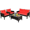 thumbnail image 2 of Costway 4PCS Patio Rattan Furniture Set Loveseat Sofa Coffee Table Garden W/Red Cushion, 2 of 10