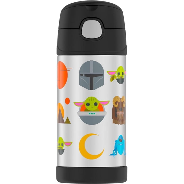 Thermos Funtainer Vacuum Insulated Straw Bottle, 12 Oz Mandalorian with stainless steel body featuring colorful Star Wars-themed graphics including Mandalorian helmet, Grogu in hover pram, crescent moon, and other character icons, equipped with a black push-button lid, pop-up straw, and integrated carrying loop, vacuum insulated to keep beverages cold for up to 12 hours, ideal for on-the-go hydration.