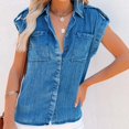 thumbnail image 4 of Hauts de Printemps pour Femmes Amincissant Couleur Unie Rétro Chemise en Denim à Manches Courtes pour Femmes A m, 4 of 5