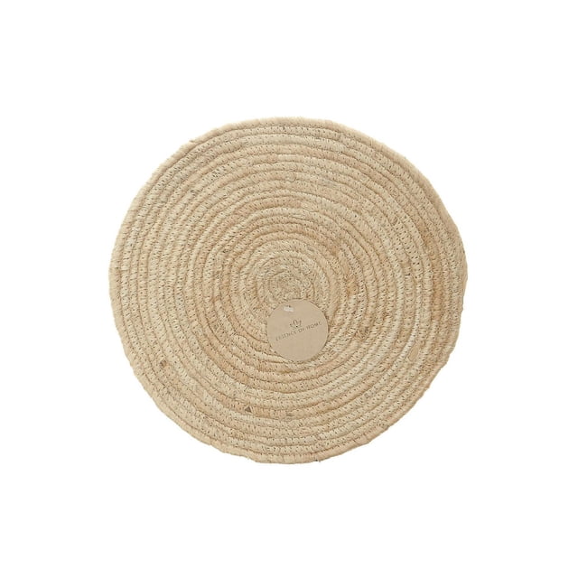 Plain Round Rope Jute Braided Placemat 14 X 14 - Set of 12 featuring a natural beige round placemat made from braided jute fibers with a concentric circular rope pattern and a central label, designed to protect tabletops and complement casual or formal dining settings.