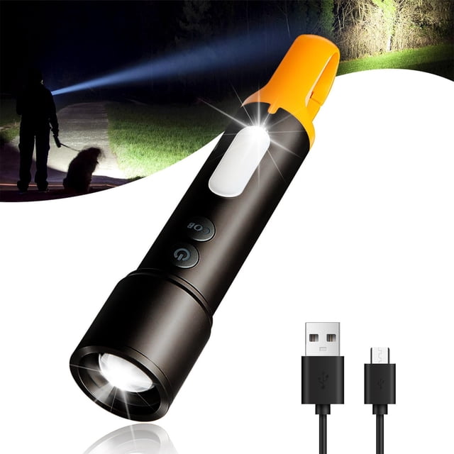Zoomable Waterproof LED Flashlight with COB Sidelight and Hook,Rechargeable Portable Torch for Camping,Emergency,Home Use,Featuring 1000 Lumens and 9 Modes