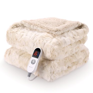 MARNUR Heated Blanket Electric Throw 50" x 60", Heating Blanket with Soft Faux Fur & Shu Velvet, Large LED Display, 6 Heating Levels, 4 Hours Timer, Tie-Dye off White