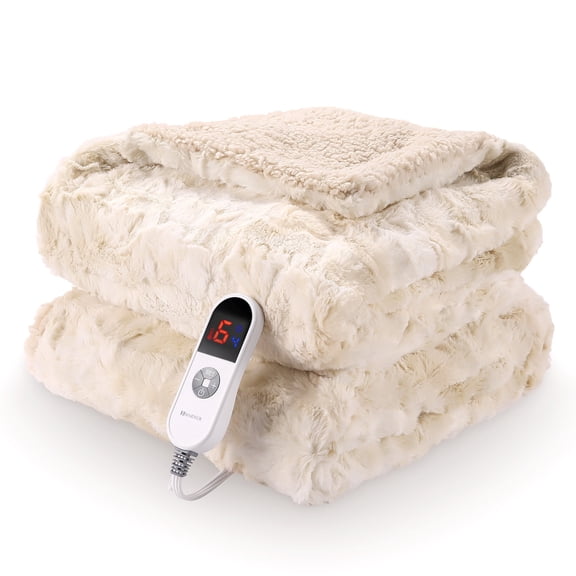 MARNUR Heated Blanket Electric Throw 50" x 60", Heating Blanket with Soft Faux Fur & Shu Velvet, Large LED Display, 6 Heating Levels, 4 Hours Timer, Tie-Dye off White