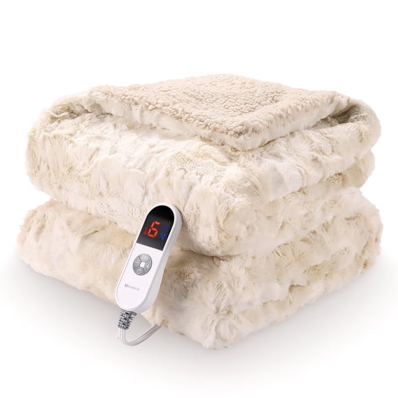 MARNUR Heated Blanket Electric Throw 50" x 60", Heating Blanket with Soft Faux Fur & Shu Velvet, Large LED Display, 6 Heating Levels, 4 Hours Timer, Tie-Dye off White