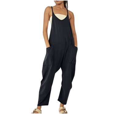 Pisexur Pantalon Femme Grande Taille en Coton et Lin Été Sans Manches à Col en V à Jambe Grand Salopette à Bavette Décontractée de Travail avec Poches Uni Coupe Ample Combinaison