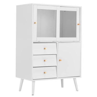 Buffet, Armoire d'Appoint Blanche avec Porte Coulissante en Verre, 3 Tiroirs, Buffet Moderne avec Rangement - BCAL098WH