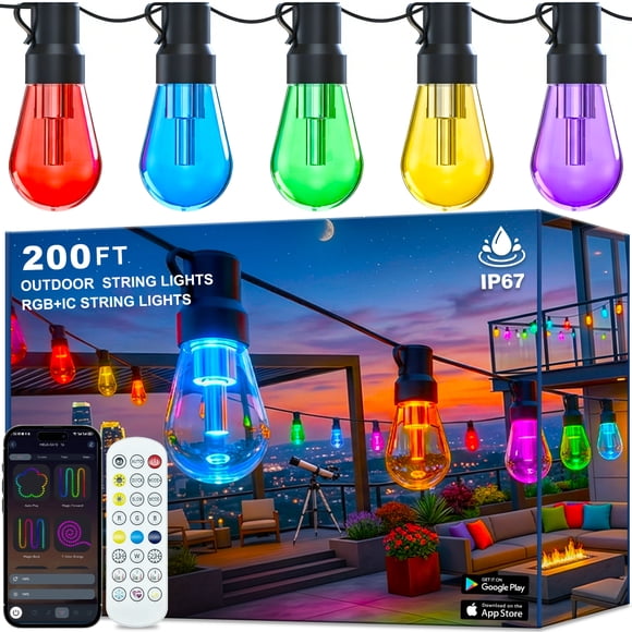 Lumières de Patio Intelligentes RVB+IC de 200 Pieds avec Ampoules DEL Incassables, Lumière Extérieure à Intensité Réglable pour Patio pour Déco Bricolage IP67 Étanche, Cour, Jardin, Fêtes, Lumières DEL Plus Modes de Scène