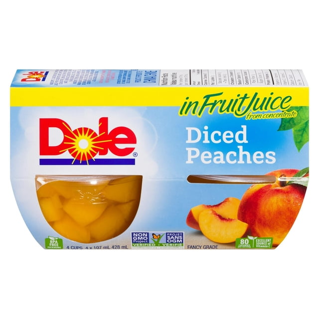 Dole Pêches en dés dans des Jus de Fruits, Paquet avec Quatre Tasses Transparentes de 107 ml de Pêches en dés dans du Jus, Emballage Sans BPA, Vérifié par le Projet non-OGM, Boîte Bleu Vif et Jaune Présentant des illustrations de Pêche et des Faits Nutritifs, Convient pour une Collation Pratique de Fruits en Conserve.