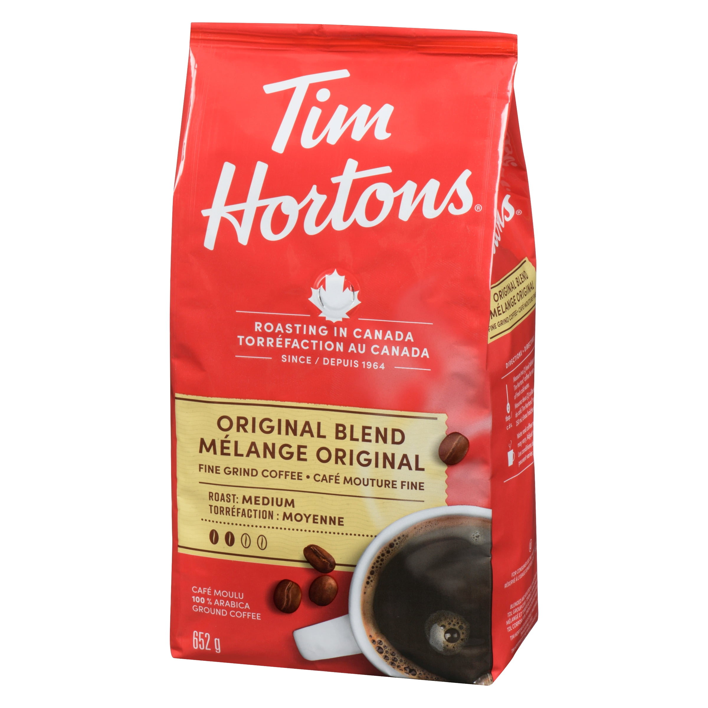 Sac de 652 g de café moulu de mélange original de Tim Hortons de torréfaction moyenne, offrant un goût velouté, riche et bien équilibré.