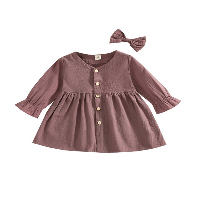 Tenues d'Automne 2 Pcs pour Filles Tout-Petits Robe Mignonne à Manches Longues Col en V avec Nœud pour Cheveux