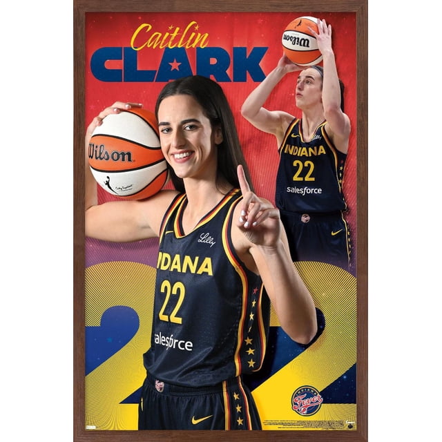 WNBA Indiana Fever - Caitlin Clark 24 Affiche Murale, 14,725 Pouces x 22,375 Pouces Encadrée Montrant Caitlin Clark en Indiana Fever Maillot Bleu Marine Numéro 22 Tenant un Ballon de basketball Wilson Près de Sa Tête d'Une Main et Levant Son index, avec une Deuxième image d'Elle Tirant un Ballon de basketball en Arrière-Plan sur une Toile de Fond Graphique Rouge et Jaune Mettant en Vedette Son Nom et le logo de l'Équipe, Idéale pour