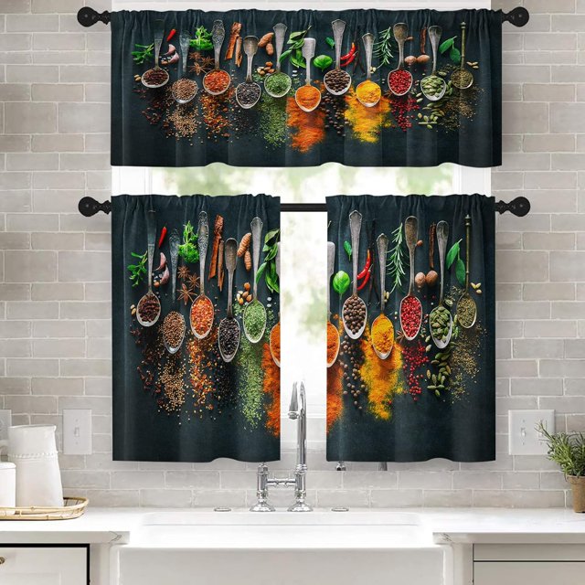 Kitchen Curtains Spices and Herbs Window Curtains and Valances Set 36 Inch, Artistic Cooking Short Tier Curtain for Kitchen, Colorful Small Kitchen Decor