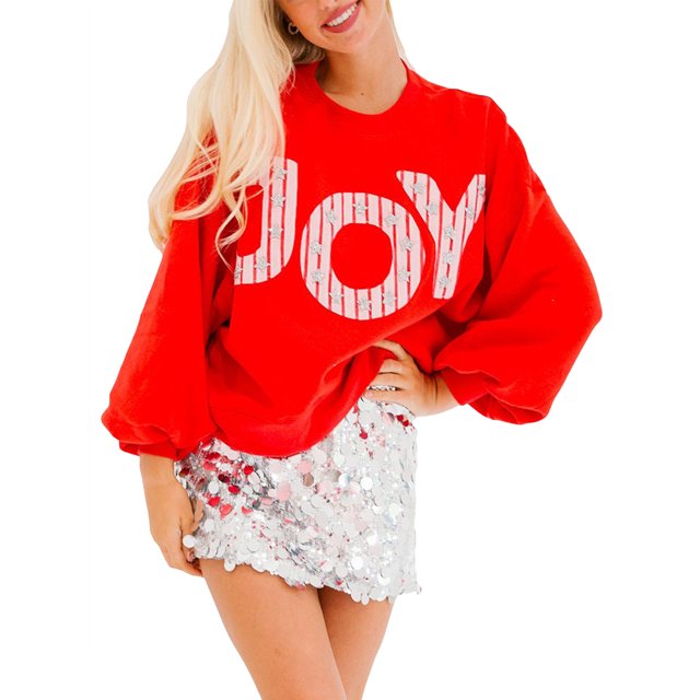 FOCUSNORM Women's Christmas Loose Pullover Sparkly Rhinestone Letter Print Long Sleeve Crew Neck Sweatshirt