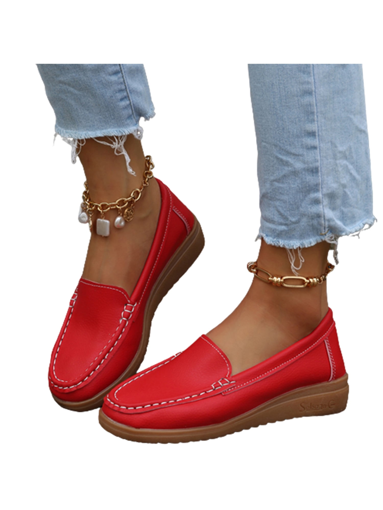 Woobling Mocassins pour Femmes à Semelle Compensée, Chaussures Décontractées, Mocassins à Enfiler, Largeur Grand, Chaussures d'Infirmière pour Femmes, Mocassin Léger et Confortable, Rouge 8