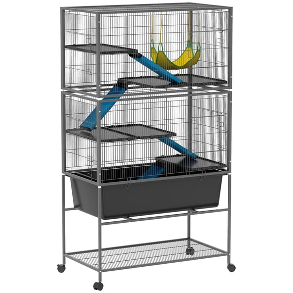 PawHut 59" 5-Level Rolling Small Animal Cage w/ Deep Tray, Non-Slip Ramps