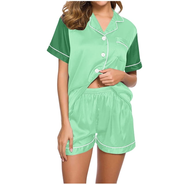 Yuyuzo Pajama Sets for Women 2 Piece Short Sleeve Button down Shirts Lounge Sets Color Block Soft Pj Sets