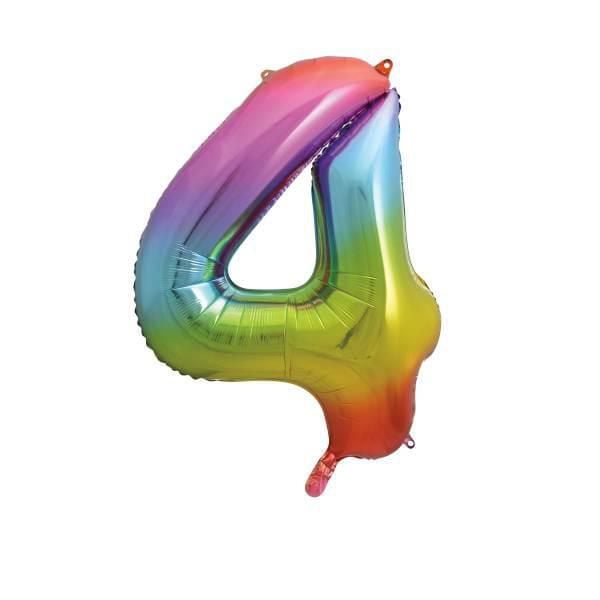 Rainbow Foil Balloon, Number 4 Shaped, 34", with a shiny foil finish featuring a smooth rainbow gradient from purple to red, equipped with self-sealing tabs for easy inflation, ideal for milestone birthday parties, anniversaries, and as a photo booth prop or DIY banner decoration.