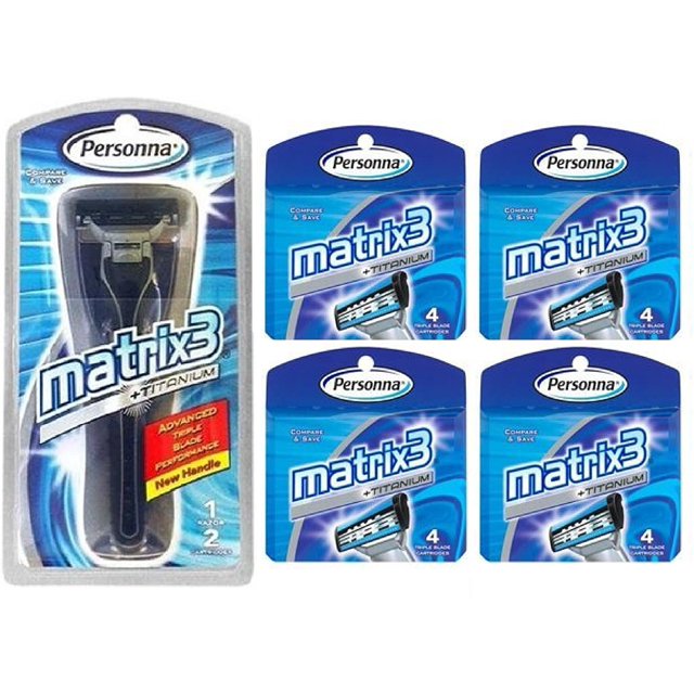 Personna Matrix3 Advanced Manche de Rasoir à Triple Lame + Lames de Cartouche de Recharge à Triple Lame en Titane Matrix3, 4 Unités (Lot de 4)