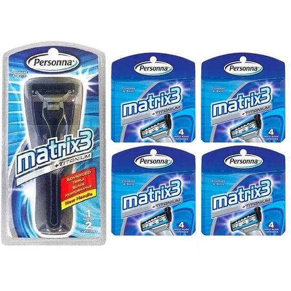 Personna Matrix3 Advanced Manche de Rasoir à Triple Lame + Lames de Cartouche de Recharge à Triple Lame en Titane Matrix3, 4 Unités (Lot de 4)