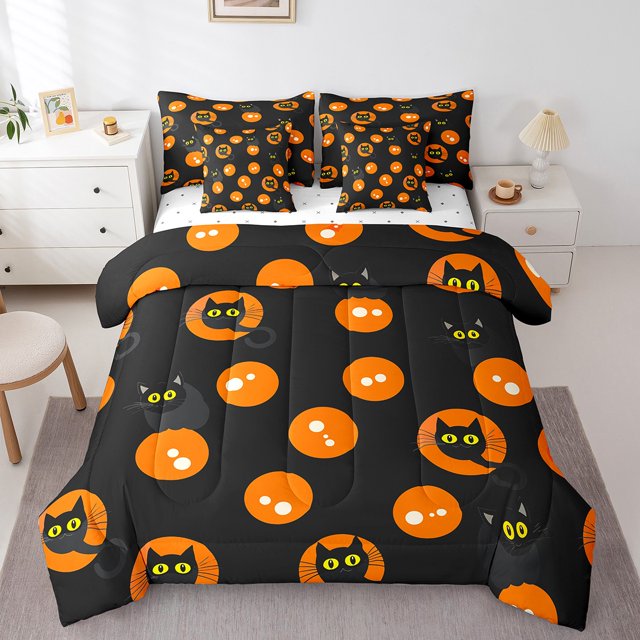 YST Black Cat 7Pcs Comforter Set, Cartoon Cat Bedroom Decor, Polyester, Full Size (7 Count)