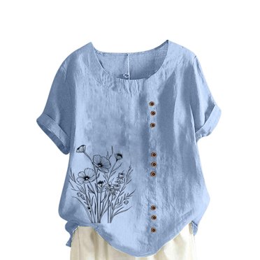 LMKIHUSA Hauts d'Été en Coton pour Femmes 2025 Chemisiers Boutonnés à Col Rond Manches Courtes Décontractés 2025 Hauts Élégants T-Shirts à Imprimé Floral Bleu Pâle,TG