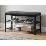 Nola Home 2-Tier Shor Rack Bench with Padded Seta, Entryway Shoe Organizer for 6 Pairs, Metal Frame, Compact Storage for Hallway, Closet, Mudroom, Black