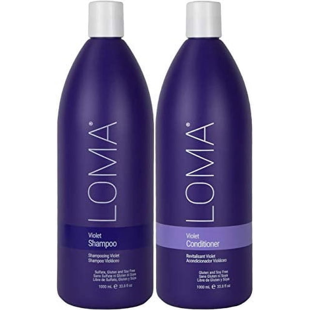 Loma Hair Care Violet Shampoo and Violet Conditioner Duo, 33.8 fl oz each. The set includes two purple bottles with white caps, featuring sulfate-free, gluten-free, and soy-free formulas. Ideal for maintaining vibrant hair colour and neutralizing brassy tones.