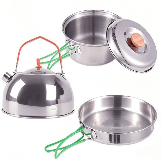 304 Stainless Steel Camping Cookware Set for 1-2 People - Includes 1L Pot with Lid, 0.5L Frying Pan, 0.5L Kettle with Lid, and Storage Bag - Flat Bottom Compatible with Cassette Furnace, Gas Stove,